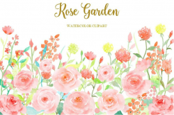 Watercolor Rose Garden, Watercolor Clipart, Soft Pink Flower Roses ...