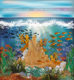 Underwater tropical wallpaper with sand castle, vector ...