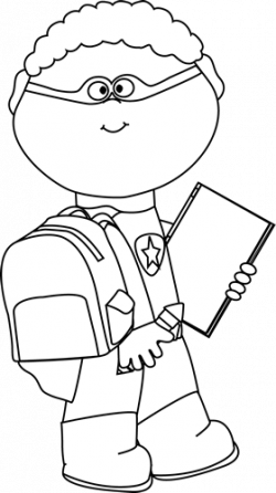 Black and White Boy Superhero Going to School Clip Art ...