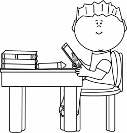 Black and White Boy at School Desk with Tablet Clip Art ...