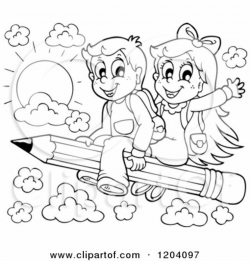 Cartoon of Black and White Happy School Children Flying on a ...