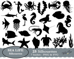 Sea Life Silhouette Clip Art, Fish, Under Water, Mermaid ...