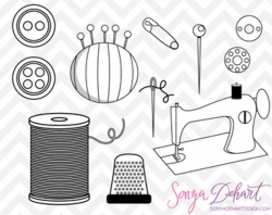 Clip Art: Cute Sewing Clip Art Set Black Line Art