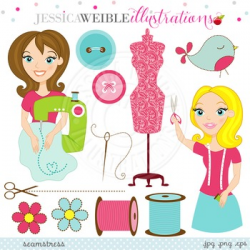 Seamstress Cute Digital Clipart, Sewing Clip Art, Thread, Buttons Clipart