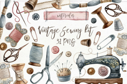 Watercolor vintage sewing kit. ~ Illustrations ~ Creative Market