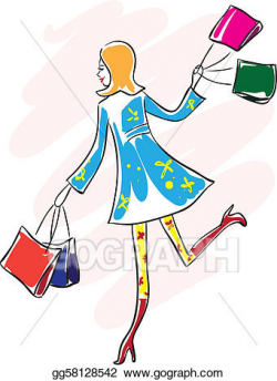 Clip Art Vector - Happy young woman run with shopping bag ...