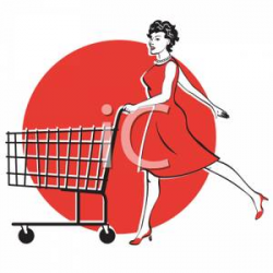 A Retro Style Cartoon of a Woman Pushing a Shopping Cart ...
