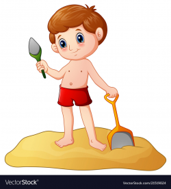 Cartoon little boy playing sand with a shovel