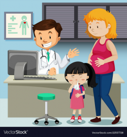 Pregnant mother with sick girl meeting doctor