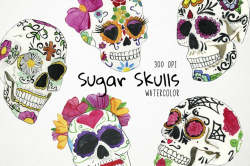 Watercolor Sugar Skulls Clipart, Mexican Skull Clipart