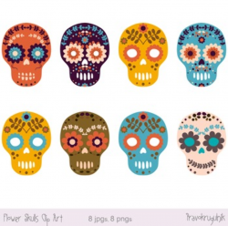 Sugar Skull Clipart, Day of the Dead Clip Art, Halloween Flower Skulls