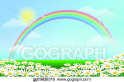 EPS Illustration - Rainbow and daisies against blue sky ...