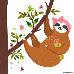 Cute baby sloth hanging on the tree and holding gift box ...