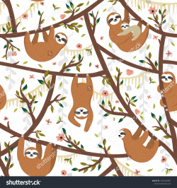 Seamless tropical pattern with funny sloths hanging on the ...