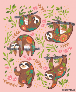 Sloth bear animal characters in floral ornament isolated on ...