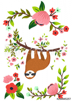 Vector cute sloth hanging on the tree. Funny baby sloth ...