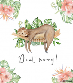 Sloth bear watercolor illustration with tropical leaves and ...