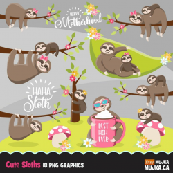 Sloth clipart. Cute baby & mom sloth graphics, mother\'s day ...