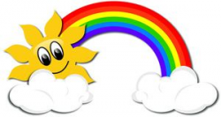 Clip art illustration of a rainbow with puffy white clouds and a ...