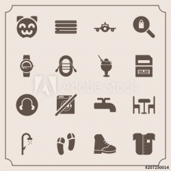 Modern, simple vector icon set with shower, snack, watch ...