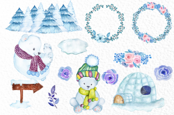 Watercolor Winter Animals, POLAR BEARS CLIPART, Baby Bears