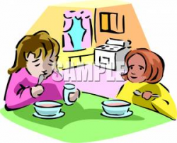Royalty Free Clipart Image: Two Girls Eating Soup