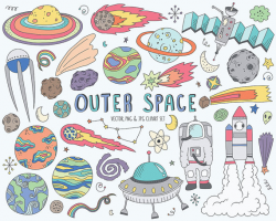 Space Clipart - Cute Space Doodles Clip Art Set - Vector ...