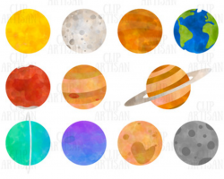 Space and Planets Clip Art, Watercolor Solar System