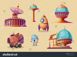 Vector mars colonization cartoon set. Spaceship, shuttle ...