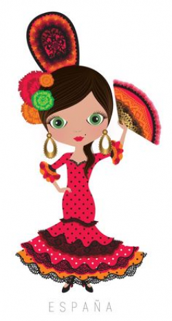 Beautiful colour drawing of a Spanish woman with hand fan ...