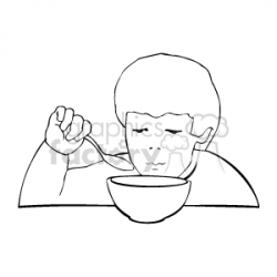 A black and white boy looking into a bowl holding a spoon clipart.  Royalty-free clipart # 159135