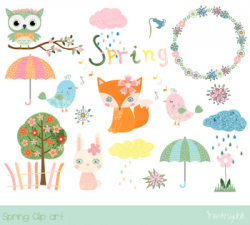 Cute spring clipart set, Spring animal character clip art, fox, owl, bunny  ...