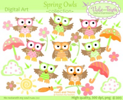 Owl Clipart: Spring Umbrella Flowers Sun Cloud Clip art, Spring Owl Clipart