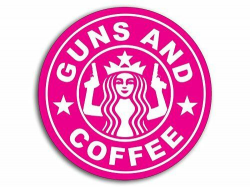 4x4 inch Round PINK & WHITE Guns and Coffee NEW Sticker (2nd logo starbucks  nra)