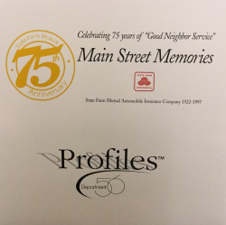 DEPT 56 THE ORIGINAL SNOW VILLAGE STATE FARM 75th anniversary MAIN STREET  MEMORIES with box PROFILES