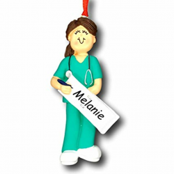 Personalized Brunette Female Nurse Doctor Medical Technician Assistant in  Teal Green Color Scrubs with Stethoscope Hanging Christmas Tree Ornament ...