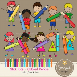 Stick Kids Clipart: Colored Pencil Kids , Stick Figure