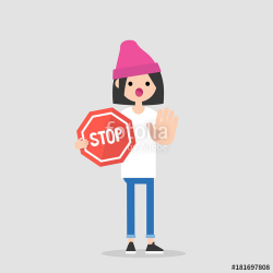 Warning. Forbidden. No access. Young female character ...