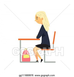 Vector Clipart - Diligent female student sitting at desk in ...