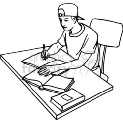 Black and white outline of a student studying with books clipart.  Royalty-free clipart # 382705