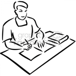 Black and white student studying with notes and a textbook clipart.  Royalty-free clipart # 382597