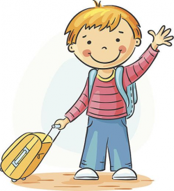 Child with a suitcase and backpack is leaving and waving ...