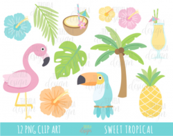 TROPICAL, SUMMER clipart, flamingo clipart, flowers, PELICAN, CUTE