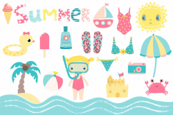 Cute summer clipart, Kids beach holiday set, snorkel girl, sun By ...