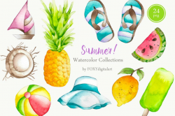 24 Watercolor Summer Clipart ~ Illustrations ~ Creative Market