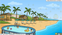 Four People Playing And Swimming In The Backyard and A Simple Beach Front  Resort Background