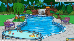 Four People Playing And Swimming In The Backyard and An Outdoor Pool With  Waterfall Background