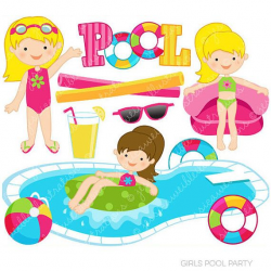Girls Pool Party Cute Clipart, Pool Party Clip Art, Summer ...