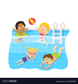 Children swimming in pool underwater and play toy
