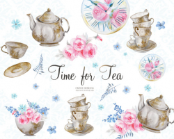 Watercolor Tea Party ClipArt Teacup Teapot Shower Invitation ...